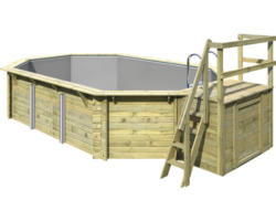 Aufstellpool Holzpool-Set Karibu Variante B achteckig 358x569x124 cm inkl. Innenauskleidung grau & Leiter mit Plattform