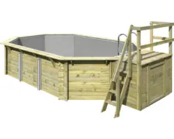 Aufstellpool Holzpool-Set Karibu Variante B achteckig 358x569x124 cm inkl. Innenauskleidung grau & Leiter mit Plattform