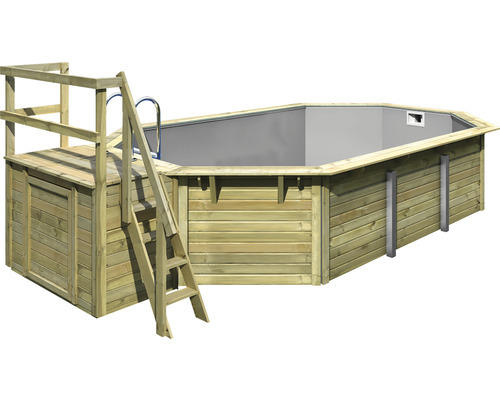 Aufstellpool Holzpool-Set Karibu X4 achteckig 357,5x568,5x121 cm inkl. Innenauskleidung grau & Leiter mit Plattform