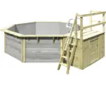 Hornbach Aufstellpool Holzpool-Set Karibu X2 achteckig Ø 427,5x121 cm inkl. Innenauskleidung grau & Leiter mit Plattform grau