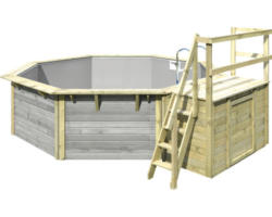 Aufstellpool Holzpool-Set Karibu X2 achteckig Ø 427,5x121 cm inkl. Innenauskleidung grau & Leiter mit Plattform grau