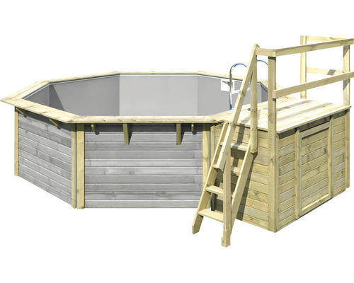 Aufstellpool Holzpool-Set Karibu X2 achteckig Ø 427,5x121 cm inkl. Innenauskleidung grau & Leiter mit Plattform grau