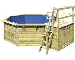 Aufstellpool Holzpool-Set Karibu X1 achteckig Ø 357,5x121 cm inkl. Innenauskleidung blau & Leiter mit Plattform