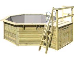 Aufstellpool Holzpool-Set Karibu X1 achteckig Ø 357,5x121 cm inkl. Innenauskleidung grau & Leiter mit Plattform