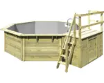 Hornbach Aufstellpool Holzpool-Set Karibu X2 achteckig Ø 427,5x121 cm inkl. Innenauskleidung grau & Leiter mit Plattform