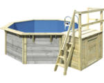 Hornbach Aufstellpool Holzpool-Set Karibu X1 achteckig Ø 357,5x121 cm inkl. Innenauskleidung blau & Leiter mit Plattform grau