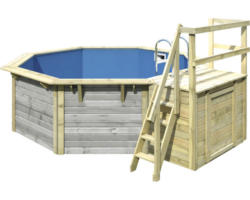 Aufstellpool Holzpool-Set Karibu X1 achteckig Ø 357,5x121 cm inkl. Innenauskleidung blau & Leiter mit Plattform grau