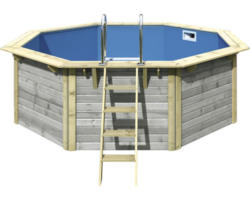 Aufstellpool Holzpool-Set Karibu X1 achteckig Ø 357,5x121 cm inkl. Innenauskleidung blau & Leiter grau