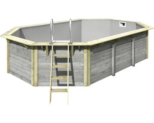 Aufstellpool Holzpool-Set Karibu X4 achteckig 357,5x568,5x121 cm inkl. Innenauskleidung grau & Leiter grau