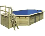Hornbach Aufstellpool Holzpool-Set Karibu X4 achteckig 357,5x568,5x121 cm inkl. Innenauskleidung blau & Leiter mit Plattform
