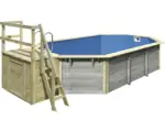 Hornbach Aufstellpool Holzpool-Set Karibu X4 achteckig 357,5x568,5x121 cm inkl. Innenauskleidung blau & Leiter mit Plattform grau