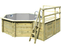 Aufstellpool Holzpool-Set Karibu Variante C achteckig Ø 358x124 cm inkl. Innenauskleidung grau & Leiter mit Plattform