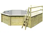 Hornbach Aufstellpool Holzpool-Set Karibu Variante C achteckig Ø 428x124 cm inkl. Innenauskleidung grau & Leiter mit Plattform