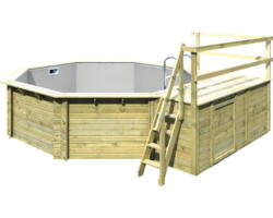 Aufstellpool Holzpool-Set Karibu Variante C achteckig Ø 428x124 cm inkl. Innenauskleidung grau & Leiter mit Plattform