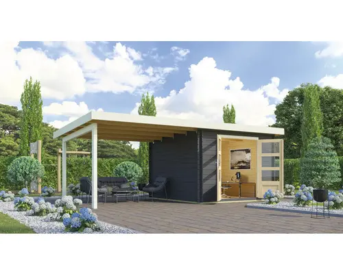 Gartenhaus Karibu Noorvik 5 inkl. Anbaudach 3 m 579x297 cm anthrazit