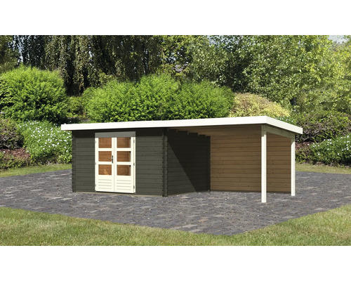 Gartenhaus Karibu Noorvik 7 inkl. Anbau 3 m mit Rückwand 639 x 297 cm grau