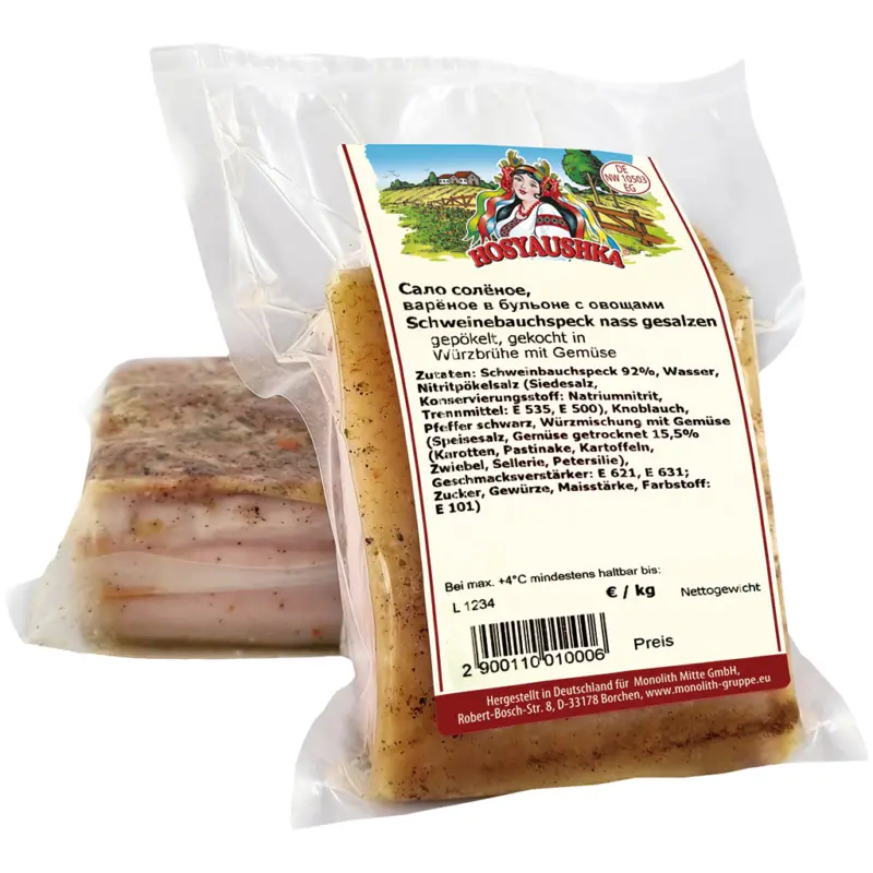 POGREBOK Schweinebauchspeck nass gesalzen, gep&ouml;kelt, gekocht in W&uuml;rzbr&uuml;he mit Gem&uuml;se.