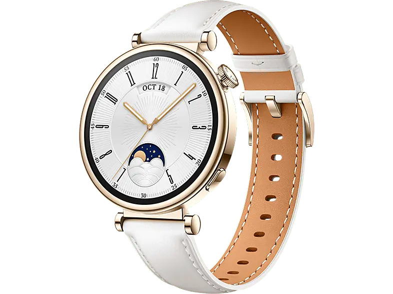 Huawei Watch GT 4 41mm Gold mit weißem Lederarmband; Smarte Uhr