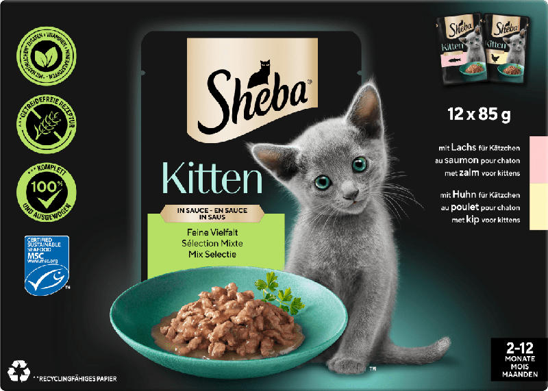 Sheba Nassfutter Katze Kitten mit Lachs & Huhn, feine Vielfalt in Sauce, Junior Multipack (12x85 g)