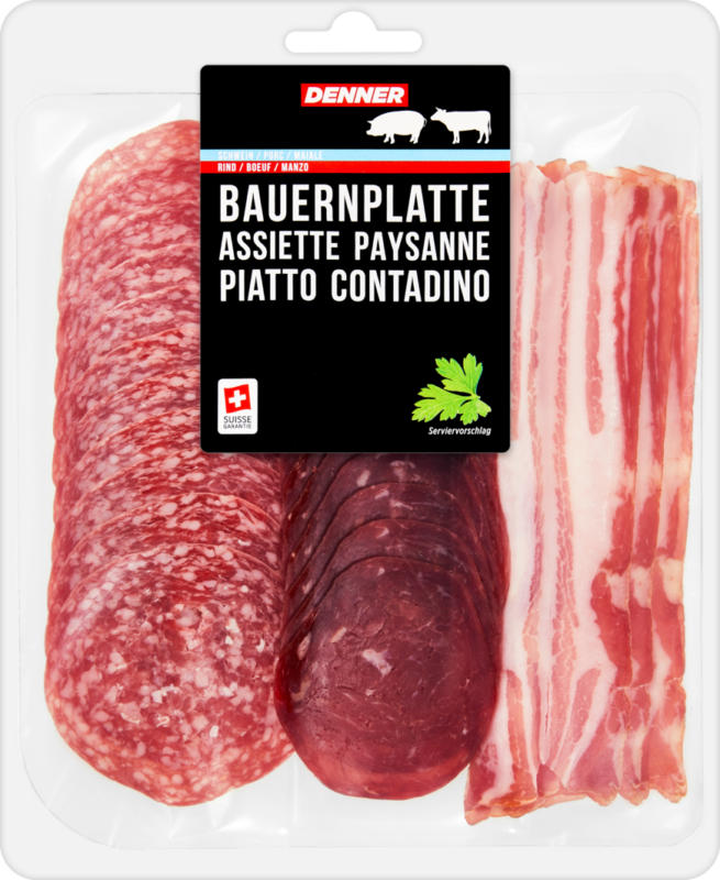 Denner Bauernplatte, Schwein und Rind, assortiert: Salami, Trockenfleisch, Bauernspeck, geschnitten, 120 g