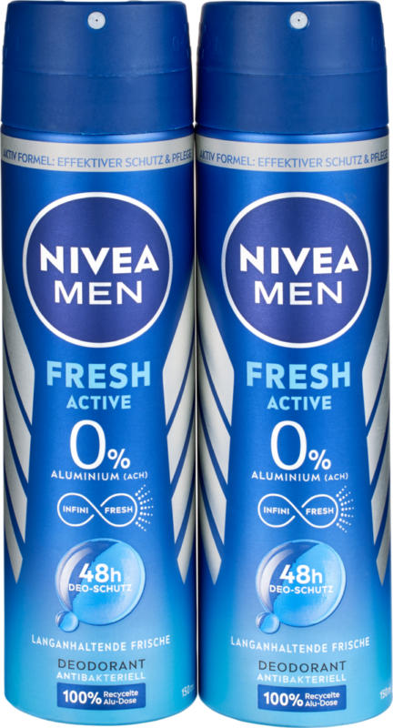 Nivea Men Deo Spray Fresh Active, 2 x 150 ml