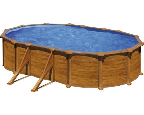 Aufstellpool Stahlwandpool-Set Gre oval 634x575x132 cm inkl. Sandfilteranlage, Skimmer, Leiter, Filtersand, Anschlussschlauch & Bodenschutzvlies Holzoptik