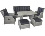 Hornbach Gartenmöbelset Loungeset Dining 5 -Sitzer bestehend aus: Dreisitzer-Sofa 180x88x98 cm, 2 Sessel, 2 Hocker und Tisch inkl. Auflagen Polyrattan grau