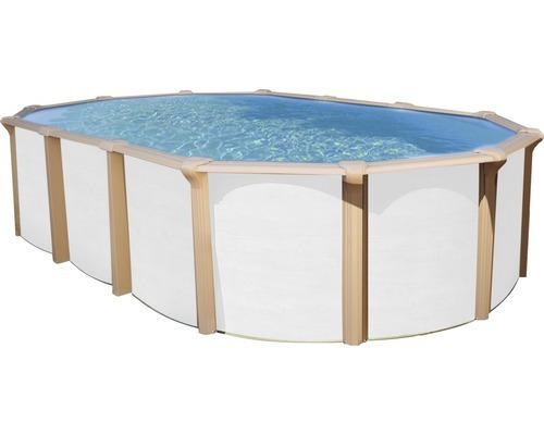 Aufstellpool Stahlwandpool-Set Supreme oval 950x490x132 cm inkl. Sandfilteranlage, Weithaslskimmer, Leiter, Filtersand, Bodenschutzvlies & Anschlussschlauch weiß/Holz