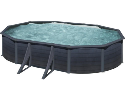 Aufstellpool Stahlwandpool-Set Gre oval 634x575x122 cm inkl. Sandfilteranlage, Skimmer, Leiter, Filtersand & Anschlussschlauch grau