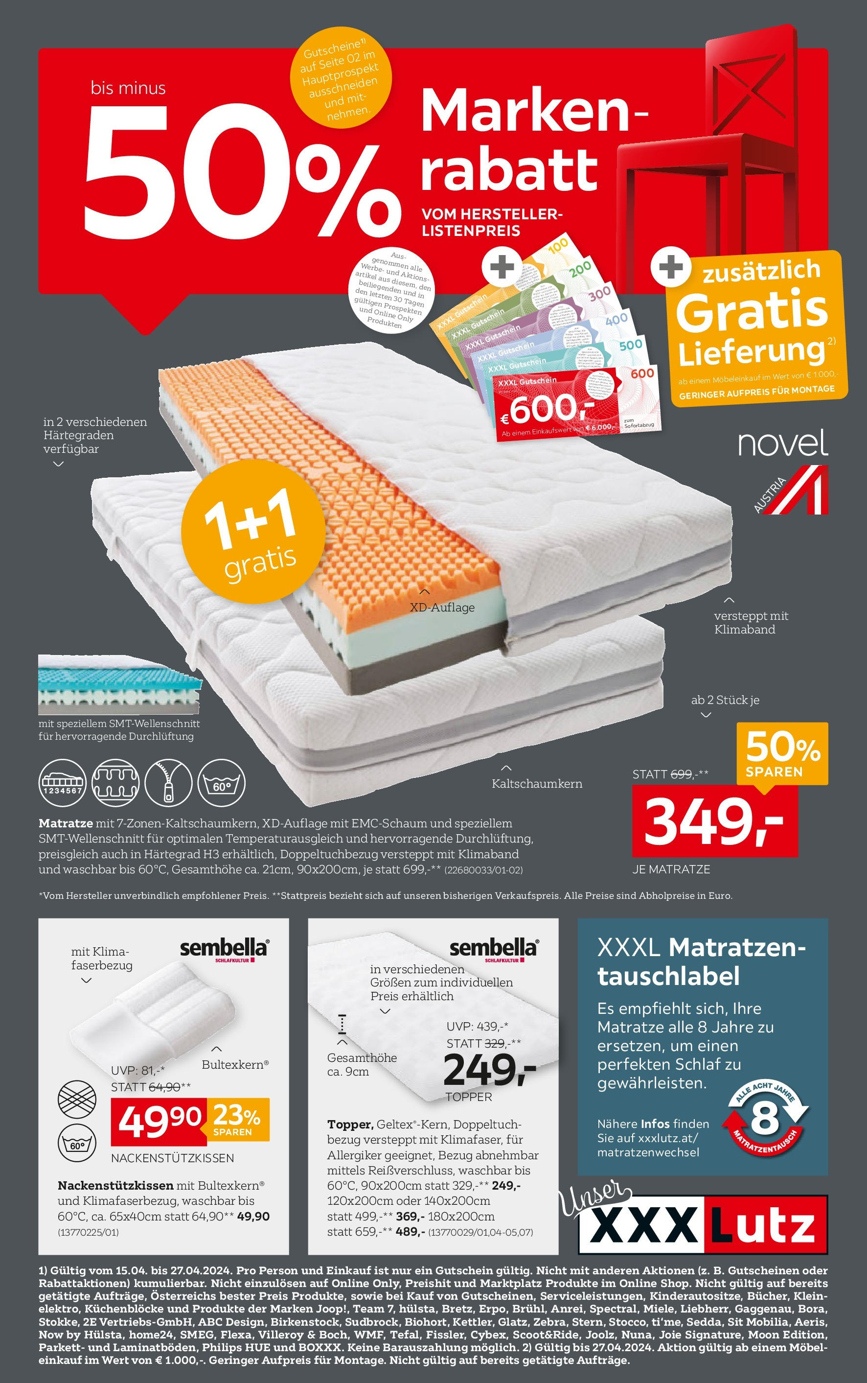 XXXLutz Gutscheinblatt Matratzen von 15.04.2024 - Aktuelle Angebote | Seite: 1 | Produkte: Matratze