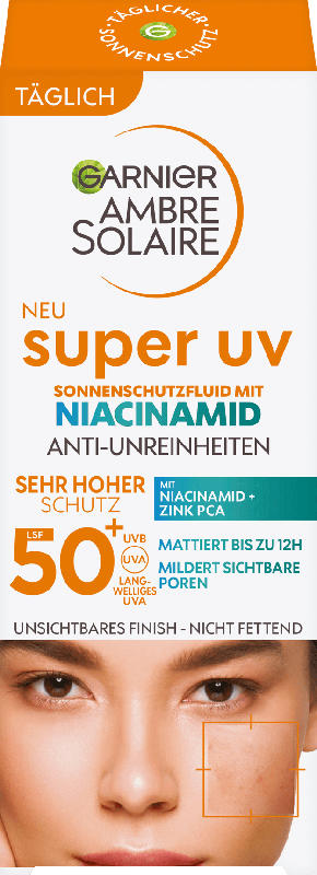 Garnier Ambre Solaire Sonnenfluid Gesicht super UV mit Niacinamid, LSF 50+