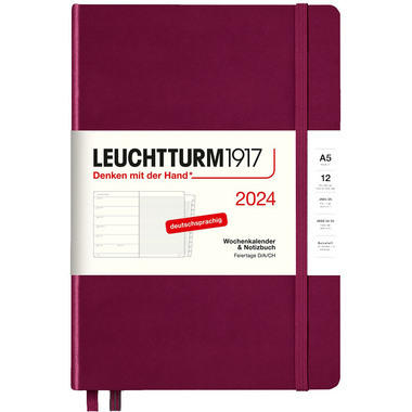 LEUCHTTURM Calendrier Carnet 2024 44367712 port red, 1S/P + Note, HC, A5