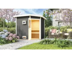 Saunahaus Karibu Rubin 2 inkl.9 kW Ofen u.ext.Steuerung und Holztüre mit Isolierglas wärmegedämmt terragrau