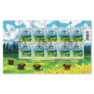 Briefmarken CHF 1.20 «100 Jahre Sonderflug La Caquerelle-Lausanne», Kleinbogen mit 10 Marken