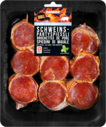 Denner BBQ Schweinspartyspiessli, mit Speck, gewürzt, 3 x ca. 180 g, per 100 g