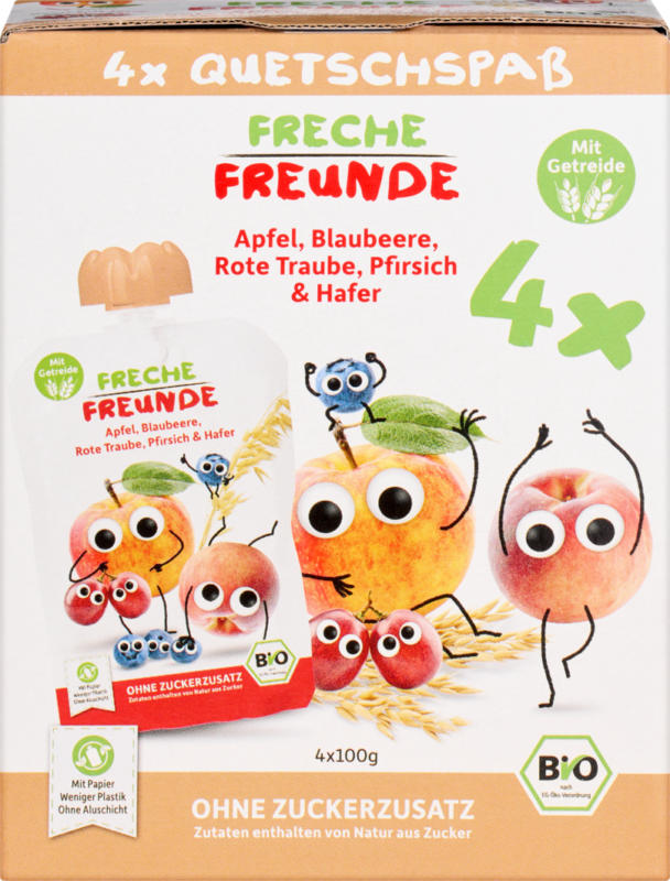 Encas bio pour enfants Freche Freunde, Pomme, myrtille, raisin rouge, pêche et avoine, 4 x 100 g