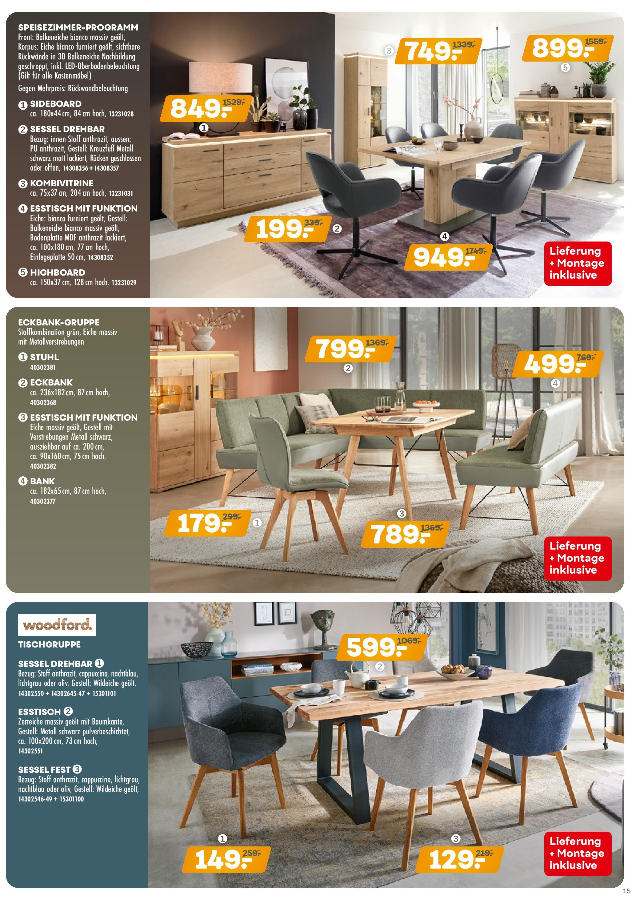 Möbel Kraft Prospekt 	 (ab 09.04.2024) zum Blättern | Seite: 15 | Produkte: HIghboard, Esstisch, Eckbank, Sessel