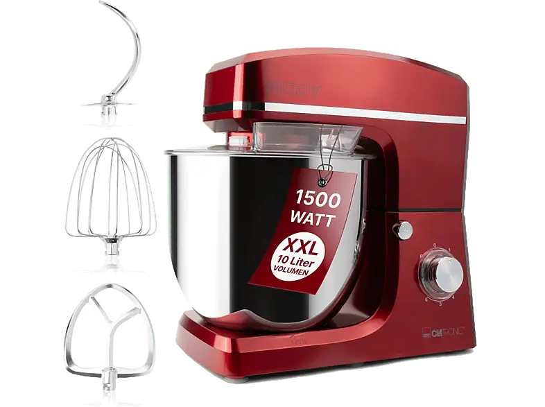 Clatronic KM 3765 XXXL Küchenmaschine Rot (Rührschüsselkapazität: 10 l, 1500 Watt)