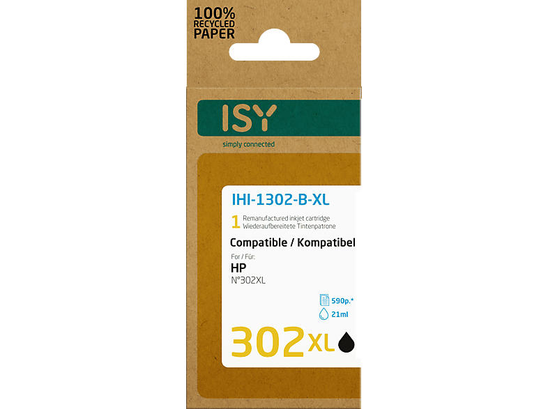ISY IHI-1302-B-XL für HP 302XL, schwarz, wiederaufbereitet; Tintenpatrone