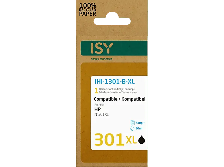 ISY IHI-1301-B-XL für HP 301XL, schwarz, wiederaufbereitet; Tintenpatrone