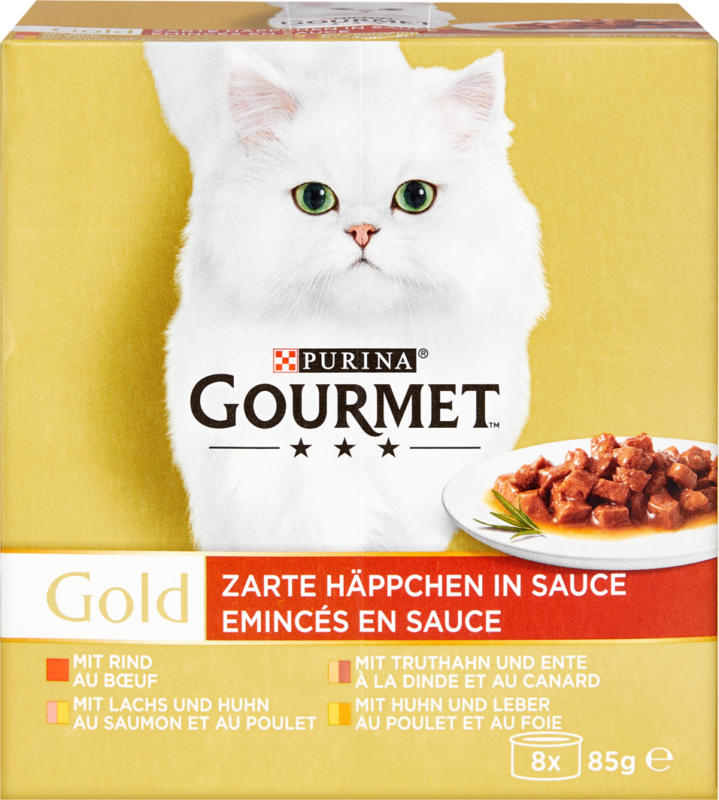 Purina Gourmet Gold Katzenfutter, Zarte Häppchen in Sauce, assortiert, 8 x 85 g