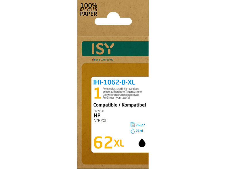 ISY IHI-1062-B-XL HP Nr. 62XL, schwarz, wiederaufbereitet; Tintenpatrone