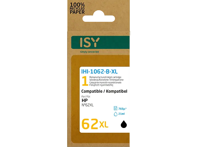 ISY IHI-1062-B-XL HP Nr. 62XL, schwarz, wiederaufbereitet; Tintenpatrone