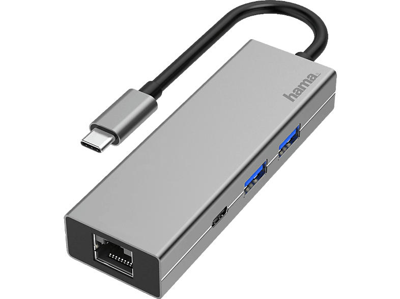 Hama 200108 USB-C-Hub, Multiport, 4 Ports, 2x USB-A, USB-C, LAN/Ethernet; USB-C Multiport-Adapter