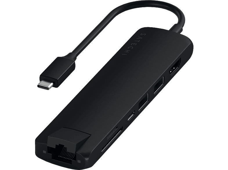 Satechi Slim Multi-Port USB-C Hub, 4K60Hz HDMI, PD 60W, USB-A 3.0, VGA, RJ45, SD/Micro-SD, Schwarz; USB Hub