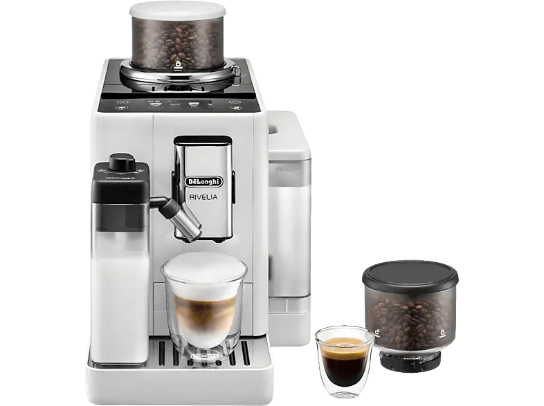 De'Longhi Exam440.55.W Rivelia - Milk Kaffeevollautomat mit 2 Bohnenbehälter (Weiß, Integriertes Mahlwerk externem Mahlgradregler, 19 bar, externer Milchbehälter)