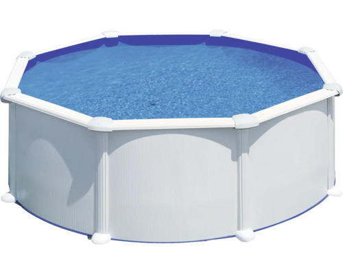 Aufstellpool Stahlwandpool-Set Gre rund Ø 370x132 cm inkl. Sandfilteranlage, Skimmer, Leiter, Filtersand & Bodenschutzvlies weiß