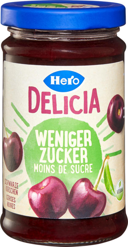 Confiture Cerises noires Delicia Hero, moins de sucre, 220 g