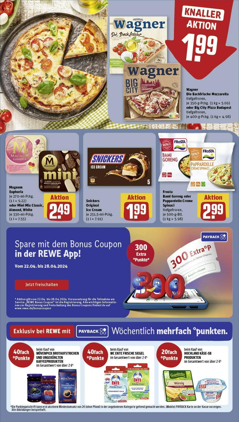 Rewe Prospekt 	 (ab 22.04.2024) zum Blättern » Angebote | Seite: 18 | Produkte: Snickers, Creme, Pizza