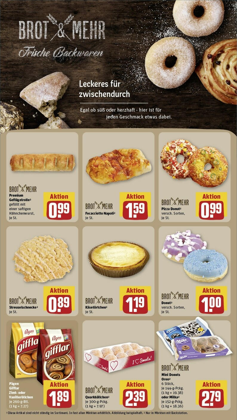 Rewe Prospekt 	 (ab 22.04.2024) zum Blättern » Angebote | Seite: 13 | Produkte: Donuts, Brot, Pizza